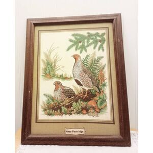 Vintage puff pic 3D art , gray Partridge, wildlife, framed